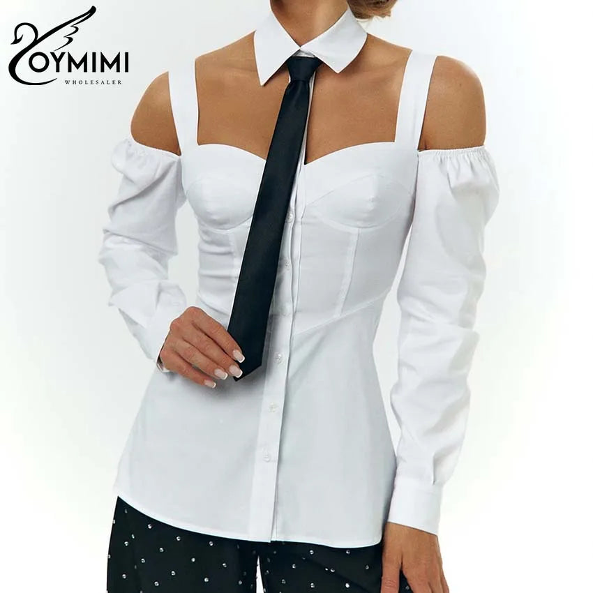 Women's Elegant White Lapel Shirts Long Sleeve Off The Shoulder Blouses Casual Slip Button Shirts Female Clothing