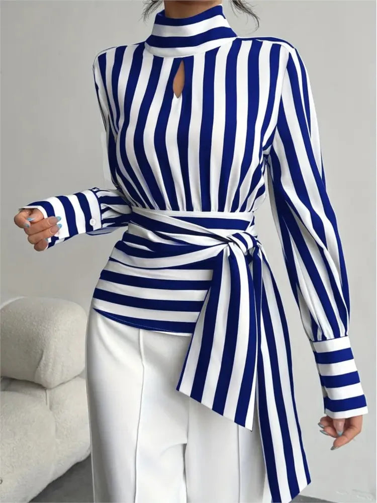 Women's Fashion Trendy  Black White Contrast Striped Shirt Autumn New Retro Scarf Collar Long-sleeved Elegant Female Pullover Shirt