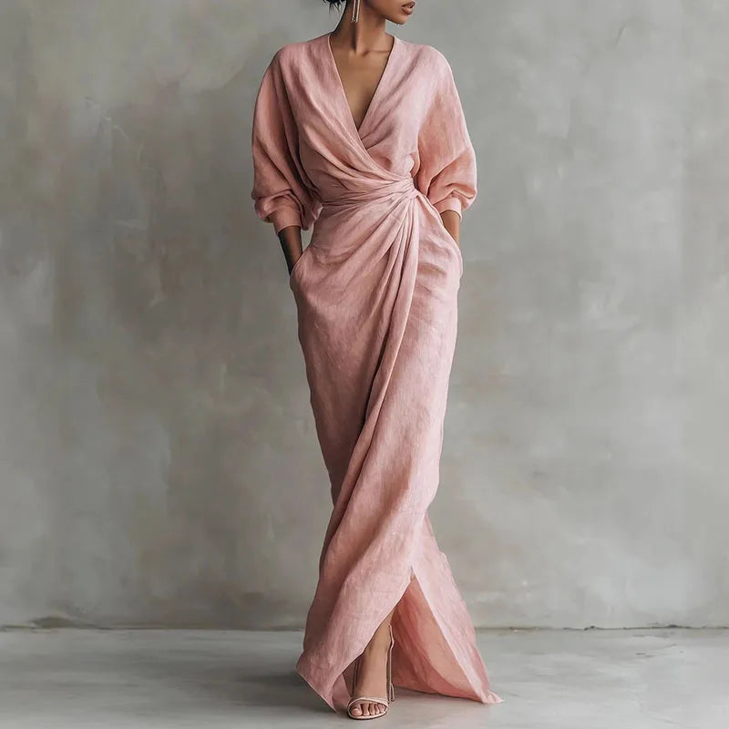 Women's V Neck Wrap Waist Long Dresses Spring Casual Solid Slim Bodycon Hips Dress Elegant Long Sleeve Slit Maxi Dress