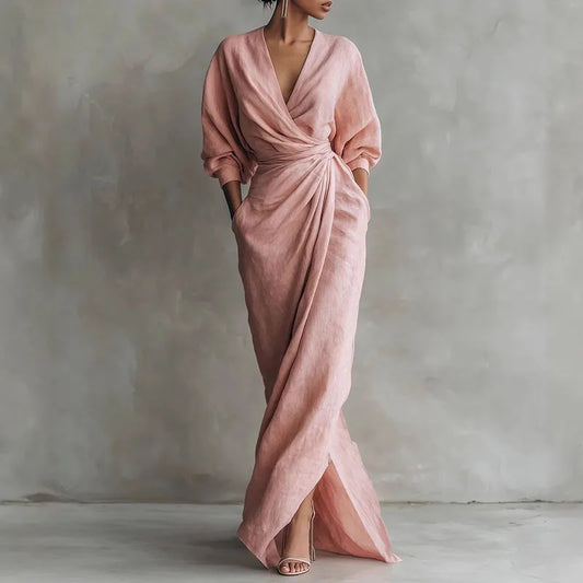 Women's V Neck Wrap Waist Long Dresses Spring Casual Solid Slim Bodycon Hips Dress Elegant Long Sleeve Slit Maxi Dress