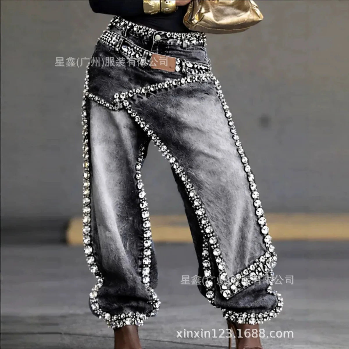 Women Wide Leg Rhinestone Denims Jeans Distressed Washed Full Length Vintage Asymmetrical Trousers Y2k Streetwear 2026