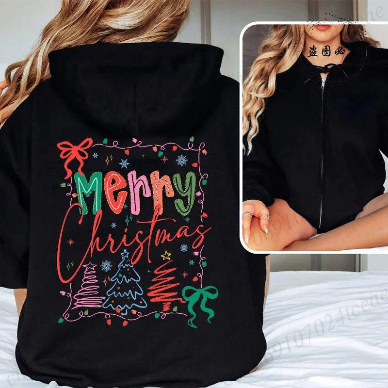Women Men Oversize Merry Christmas Reindeer Print Zipper Hoodies Coat Tops Femme Zip Sweatshirts Christmas Party Jackets