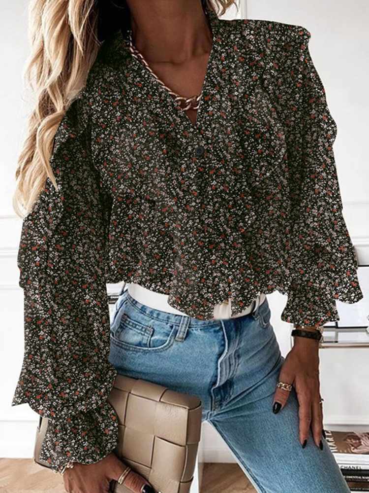 Women Elegant Ruffles Fashion Blouses V neck Tops Long Sleeve Flare Cuff Fashion Blouses