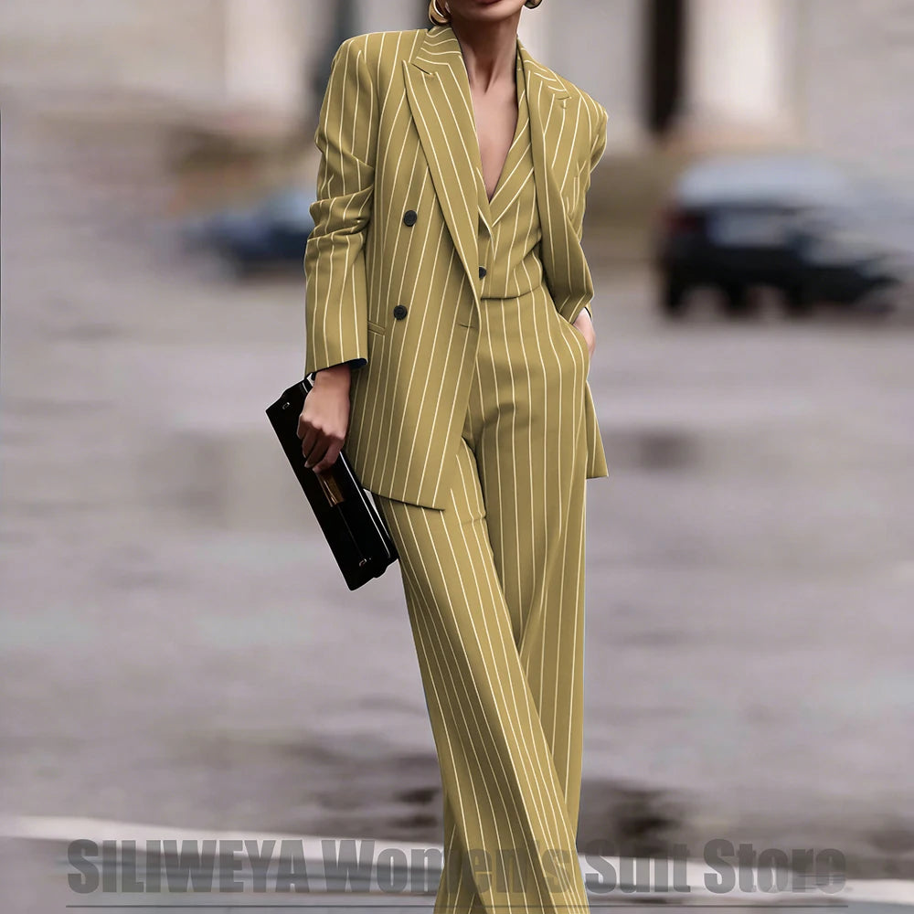 Navy Women's Double Breasted Striped 3 Piece Suits Blazer Vest Wide-Leg Pants Set Fashion Formal Party Office Casual Outfit