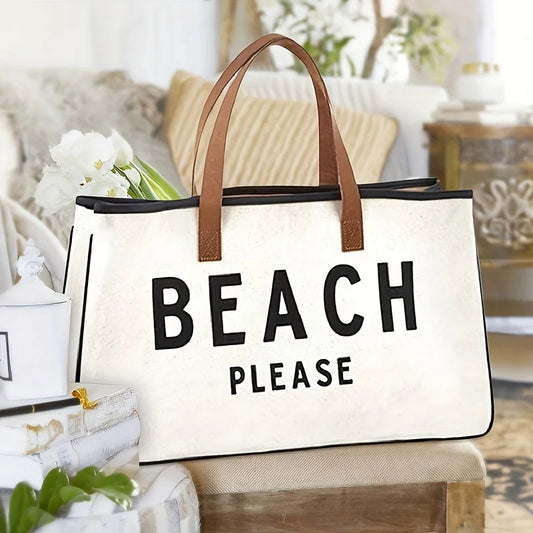 Women Canvas Bag, Tote Bag , Large Capacity Summer Beach Bag, Simple Letter Printed Handbags,