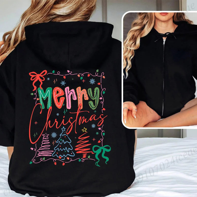 Women Men Oversize Merry Christmas Reindeer Print Zipper Hoodies Coat Tops Femme Zip Sweatshirts Christmas Party Jackets