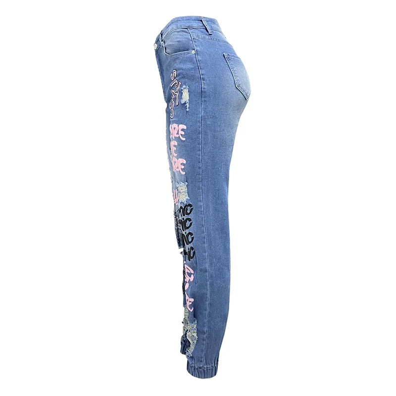 Women Fashion Alphabet Print Stretch Leg Pencil Jeans Trend Broken Holes Denim Pants