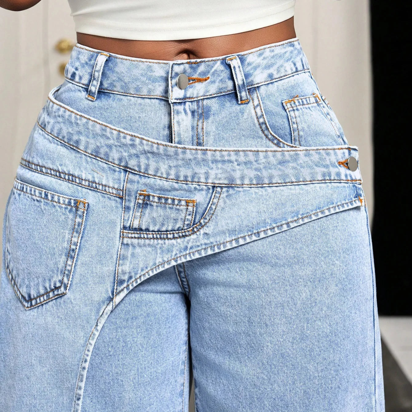 Women's Elegant Denim Jeans Vintage Wide Leg Long Casual Loose Pants High Waist Straight Trousers Y2k Streetwear Splice Work