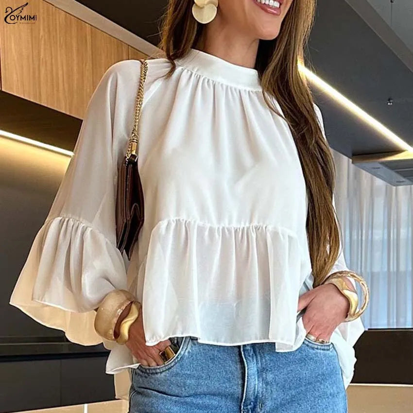 Women's Elegant Fashion White O-Neck Shirt Puff Sleeve Loose Blouses Casual New Ruffled Button Blouses Female Clothing