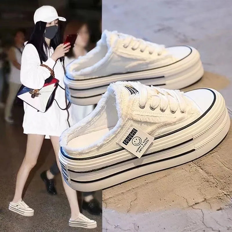 Women's Canvas Half Slippers Sneakers Trend New Thick Bottom Outer Wear No Heel White