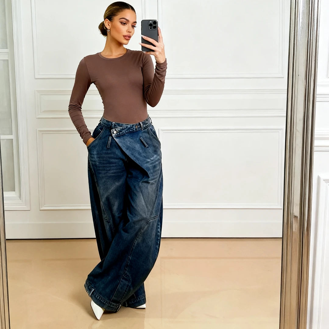 Women's Wide Leg Pants Vintage Denim Jeans Punk Style Loose Trousers Stretch Mid Waist Washed Distressed 2026 Mom Streetwear