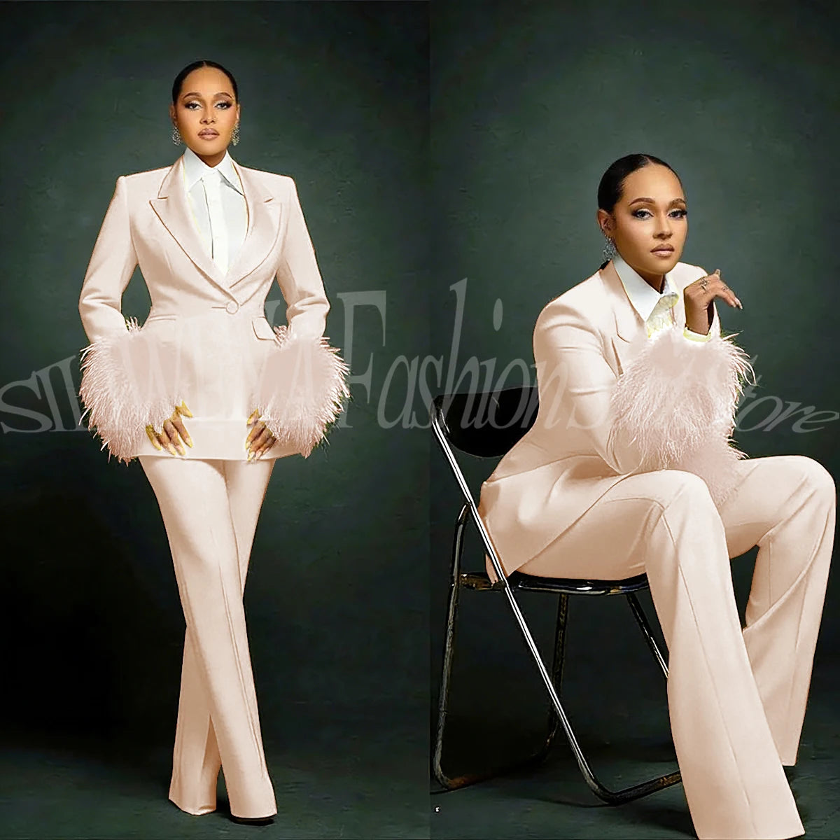 Women's  Luxury Feather Applique Single Breasted 2 Piece Suits