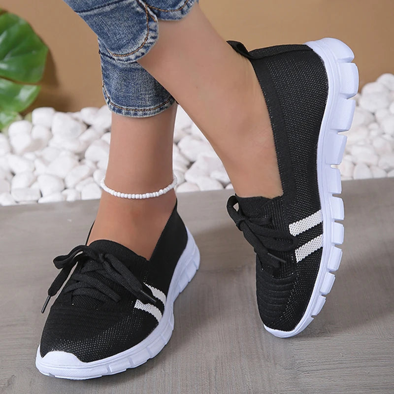 Women 2024 Knitted Striped Flats Lace Up Casual Sneakers Shoes