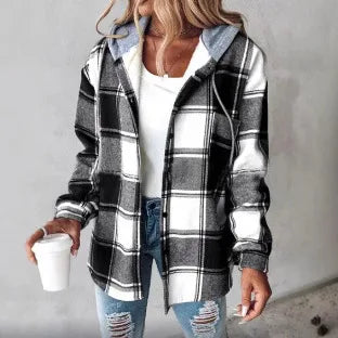 Women's Autumn Large Plaid Style Hooded Jacket With  Casual Loose Black White Plaid Coat Button Fall Top