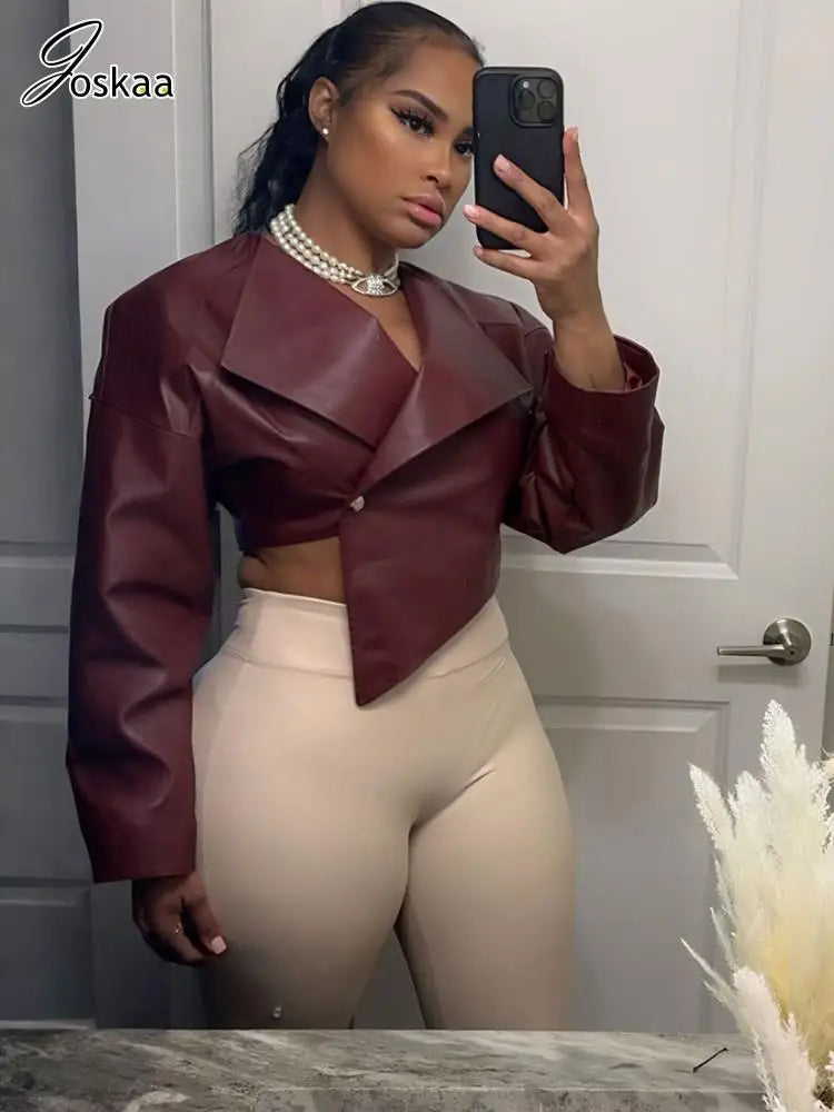 Women's Fall PU Leather Jackets Fashion Solid Lapel Full Sleeve Slim Crop Coats Outerwear Y2K Streetwear