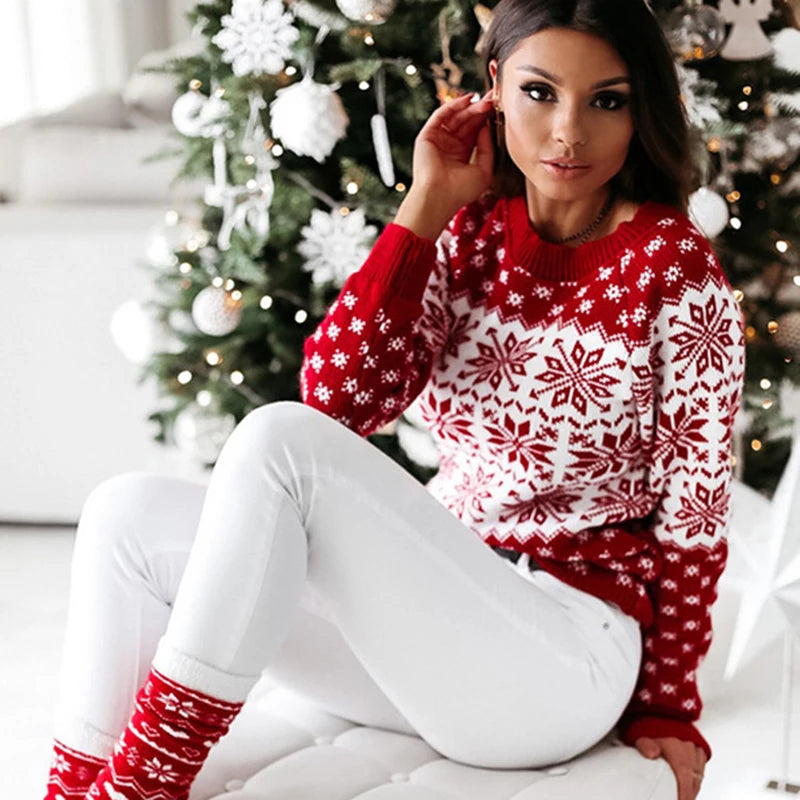 Women Christmas Snowflake Sweater Knitted Long Sleeve O Neck Ladies Jumper Fashion Casual Winter Autumn Printed Pullover Clothes