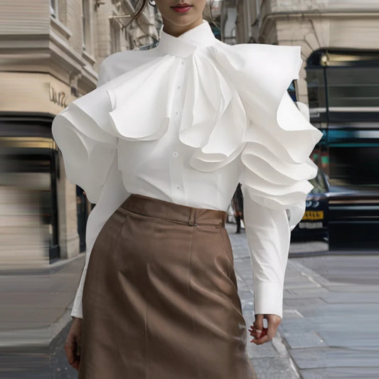 Women's White Elegant Office Lady Bouses Ruffled Stitching Long Sleeve Tops Casual Loose Buttons Streetwer