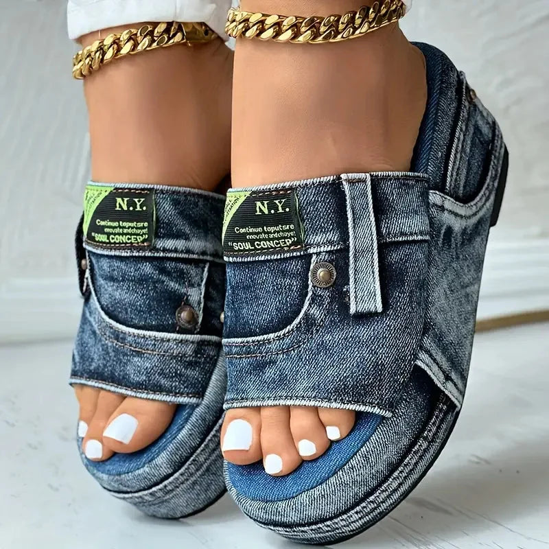Women's New Elegant Casual Denim Summer Slippers Comfortable Slip-on Shoes Beach Walking Slippers