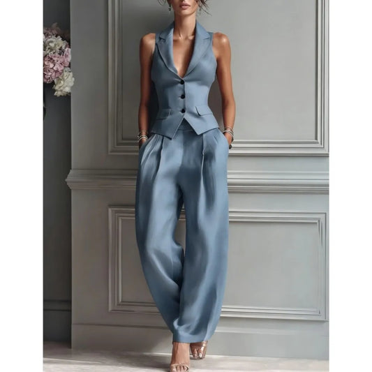 Women's Summer New Fashion Single-breasted Sleeveless Top + Trousers 2-piece Set Women's 2026 Slim Vest Suit Collar Trousers Office Suit