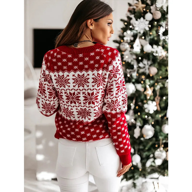 Women Christmas Snowflake Sweater Knitted Long Sleeve O Neck Ladies Jumper Fashion Casual Winter Autumn Printed Pullover Clothes