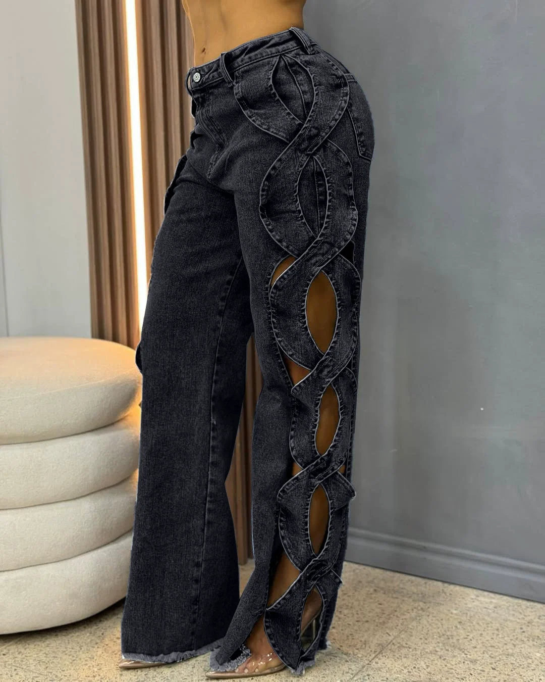 Women's Streetwear Cutout Hollow Out Criss Cross Side Wide Leg Blue Denim Jeans Trousers