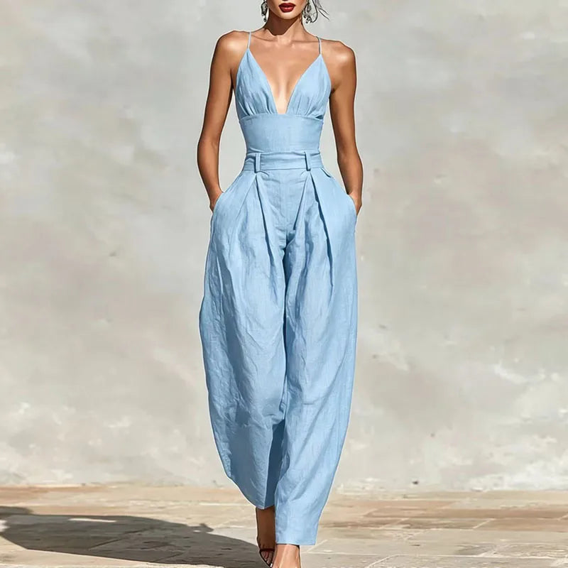 Women's 2026 Solid Sleeveless Jumpsuit Spaghetti Strap V Neck High Waist Loose Leg Overalls Holiday Backless With Pockets Jumpsuit