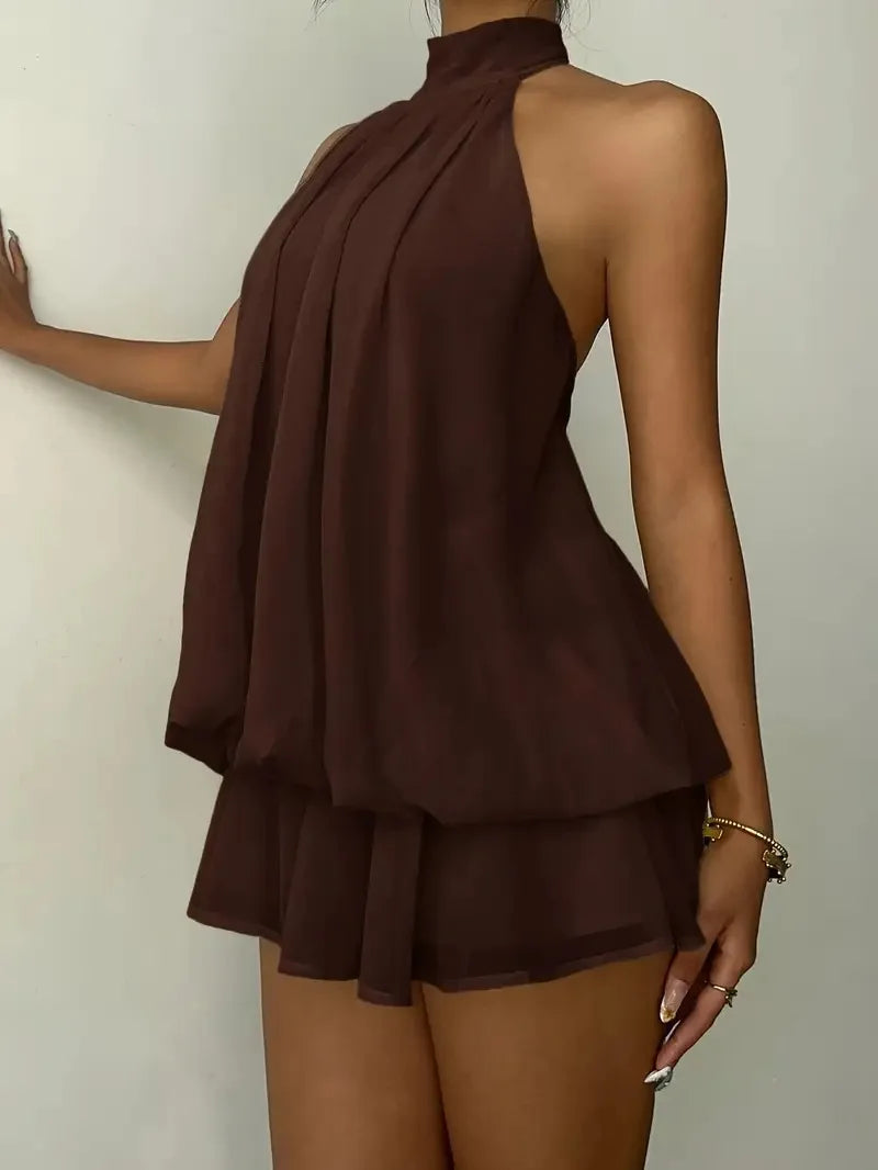 Women's Casual Halter Neck Bodycon Mini Dress for Women Mesh Sleeveless Backless Ruffle Patchwork Dresses Summer Beach  New