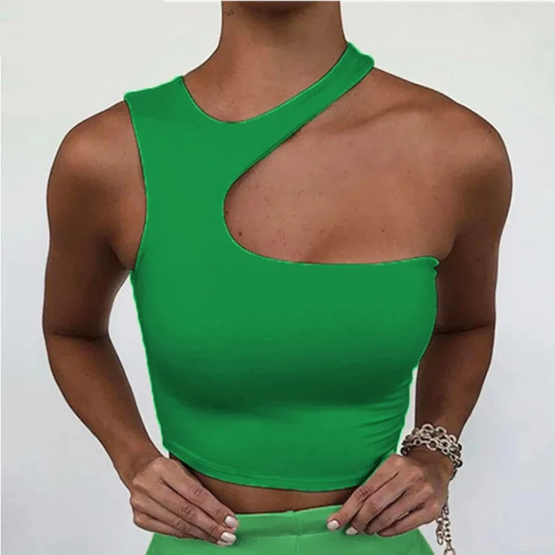 Women's Off One Shoulder Irregular Hollow Out Sport Tank Top Halter Crop Tops Sleeveless Cropped Vest Camis Tube Top Female