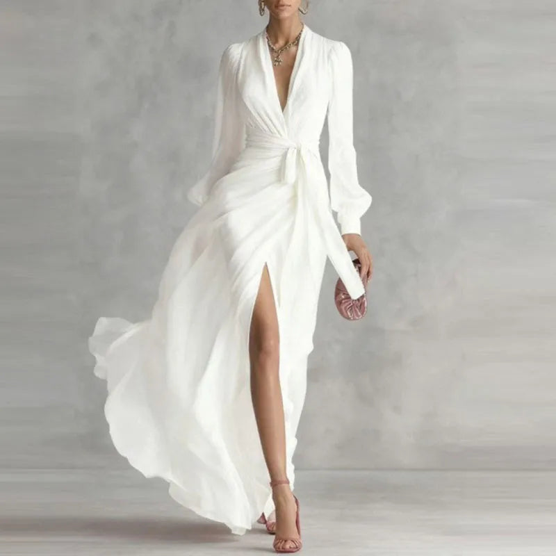 Elegant Deep V Neck Hollow Party Wrap Dresses Tie Waist High Slit Long Dress Femme Solid Long Sleeve Maxi Dress