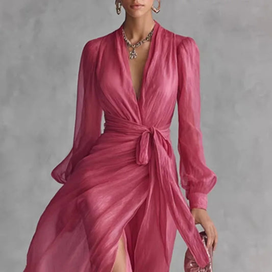 Elegant Deep V Neck Hollow Party Wrap Dresses Tie Waist High Slit Long Dress Femme Solid Long Sleeve Maxi Dress
