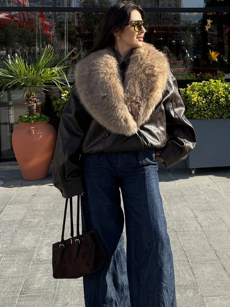 HH Vintage Women Faux Fur Patchwork Leather Jackets Fashion Female Detachable Fur Collar Double Breasted Winter Warm Street Coat