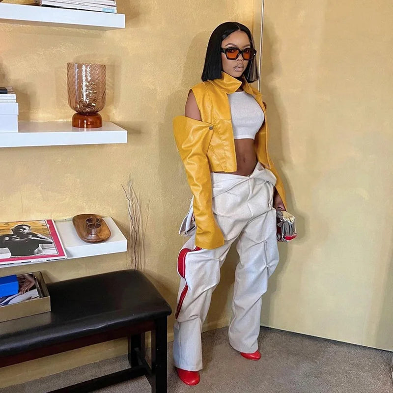 Women's PU Leather Hipster Crop Jacket Shoulder Hollow Long Sleeve Cardigan Autumn Wild Streetwear Patchwork Solid Y2K Trend Coats