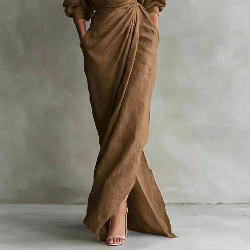 Women's V Neck Wrap Waist Long Dresses Spring Casual Solid Slim Bodycon Hips Dress Elegant Long Sleeve Slit Maxi Dress