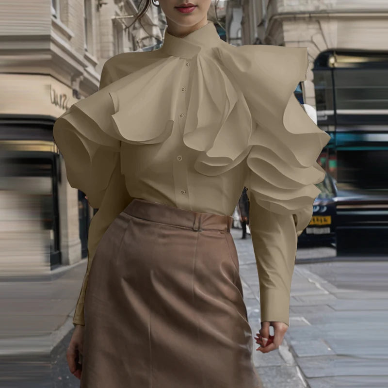 Women's White Elegant Office Lady Bouses Ruffled Stitching Long Sleeve Tops Casual Loose Buttons Streetwer