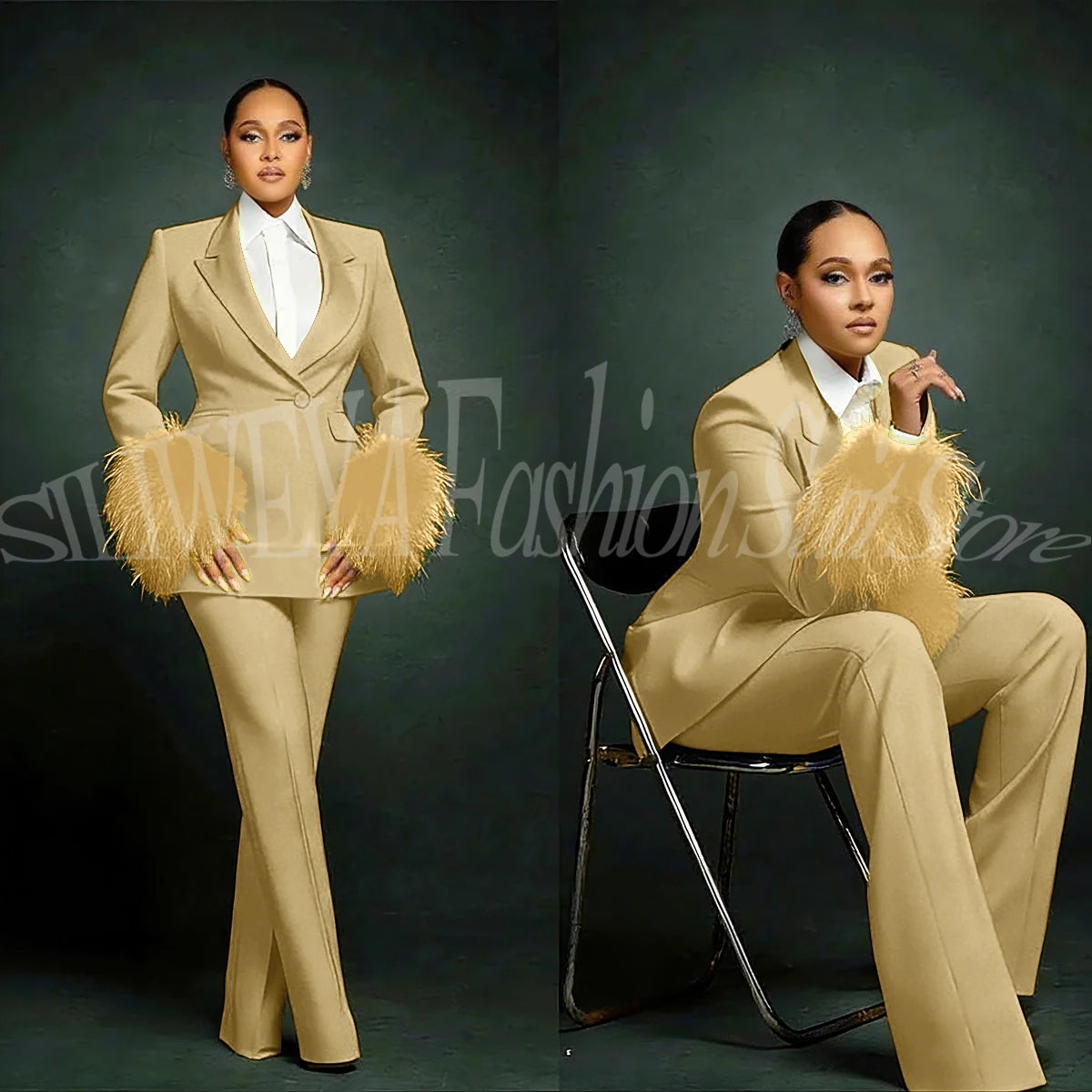 Women's  Luxury Feather Applique Single Breasted 2 Piece Suits