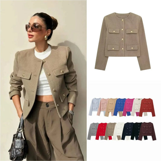 Women's Autumn/Winter Vintage Jackets crew neck gold button flip pocket embellishment short coat