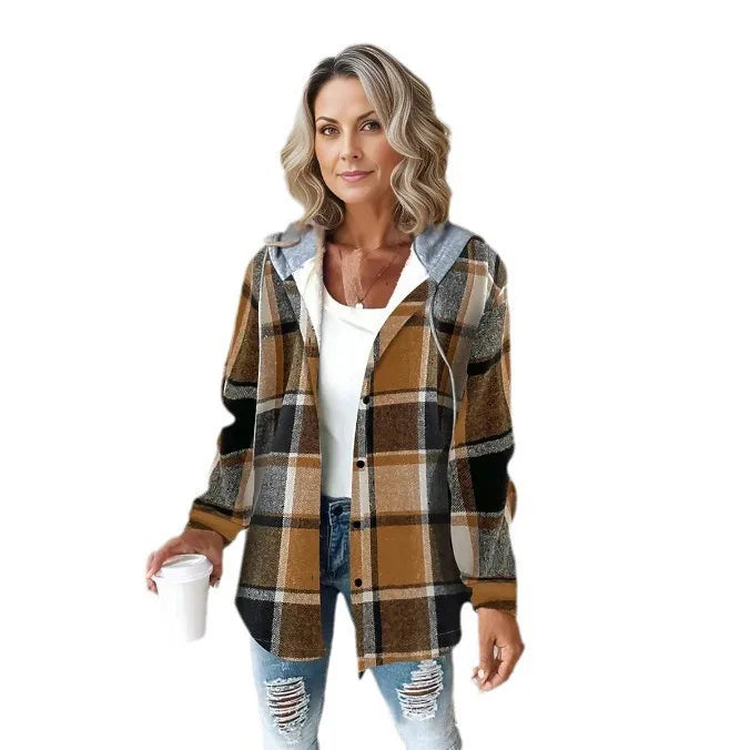 Women's Autumn Large Plaid Style Hooded Jacket With  Casual Loose Black White Plaid Coat Button Fall Top