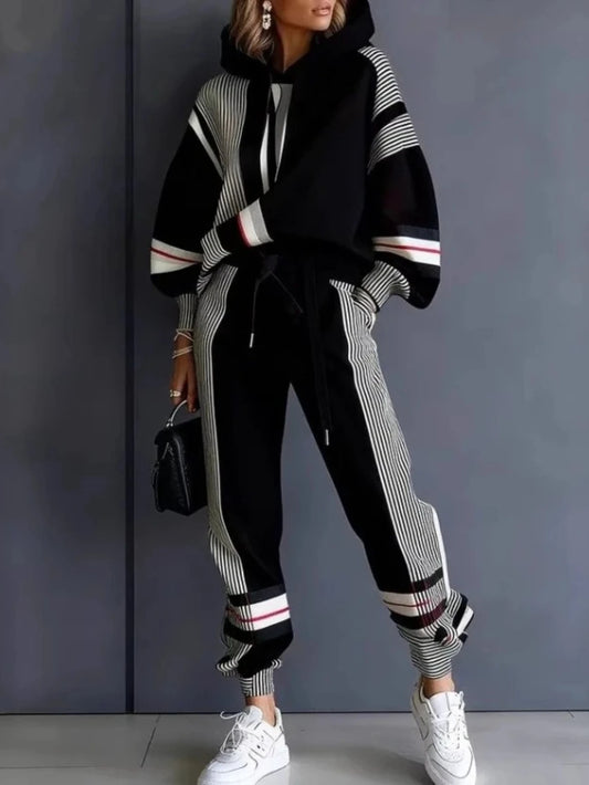 Women's Two-Piece Sport Winter Loose Fit Fashion Pant Sets Plus Size Pant Sets American Stripe Round Neck Sweatshirt and Pants Set