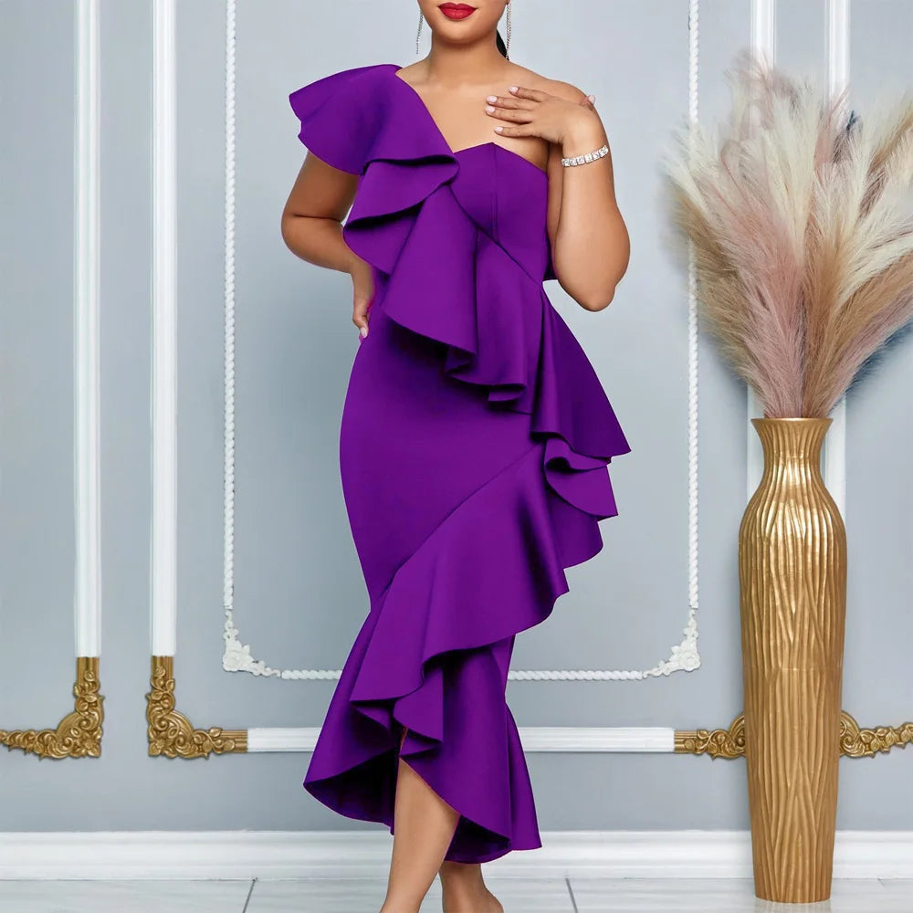 Woman New One Shoulder Ruffles Elegant Evening Dresses Birthday Dinner