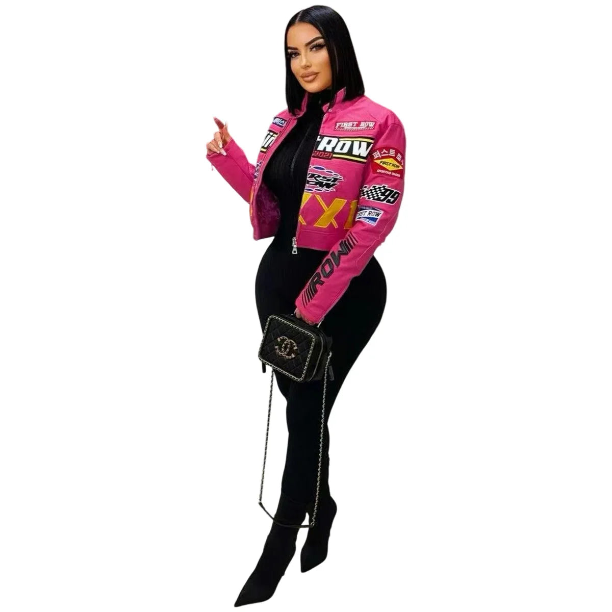 Women's PU Leather Printed Motorcycle Jacket Single Piece Fashionable Streetwear Comfortable Long Sleeve Fall Trendy