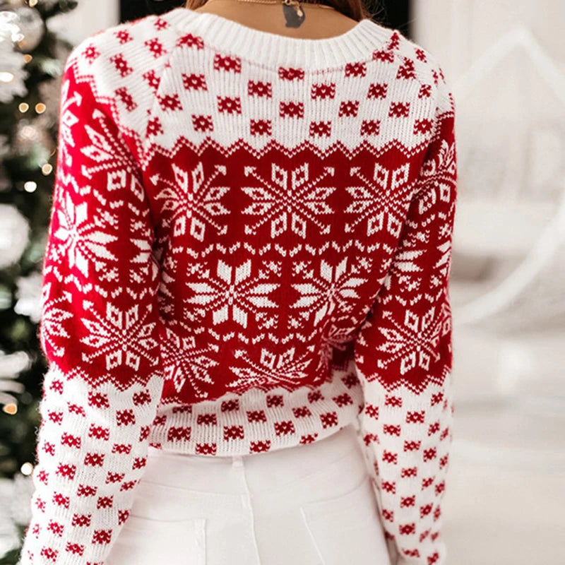 Women Christmas Snowflake Sweater Knitted Long Sleeve O Neck Ladies Jumper Fashion Casual Winter Autumn Printed Pullover Clothes