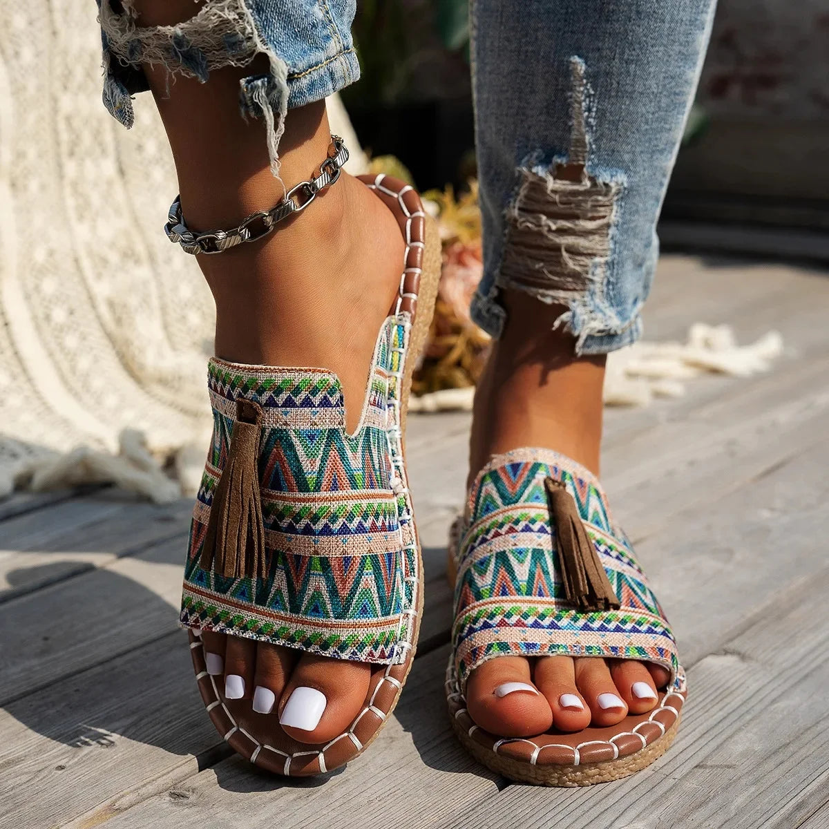 Women's Bohemian Beach Sandals Flat Bottom Slippers Outdoor Summer New Tassel Large Size Cross-Border Slippers for Adults