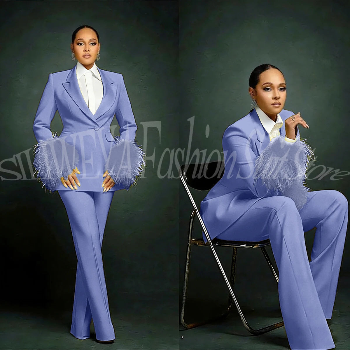 Women's  Luxury Feather Applique Single Breasted 2 Piece Suits