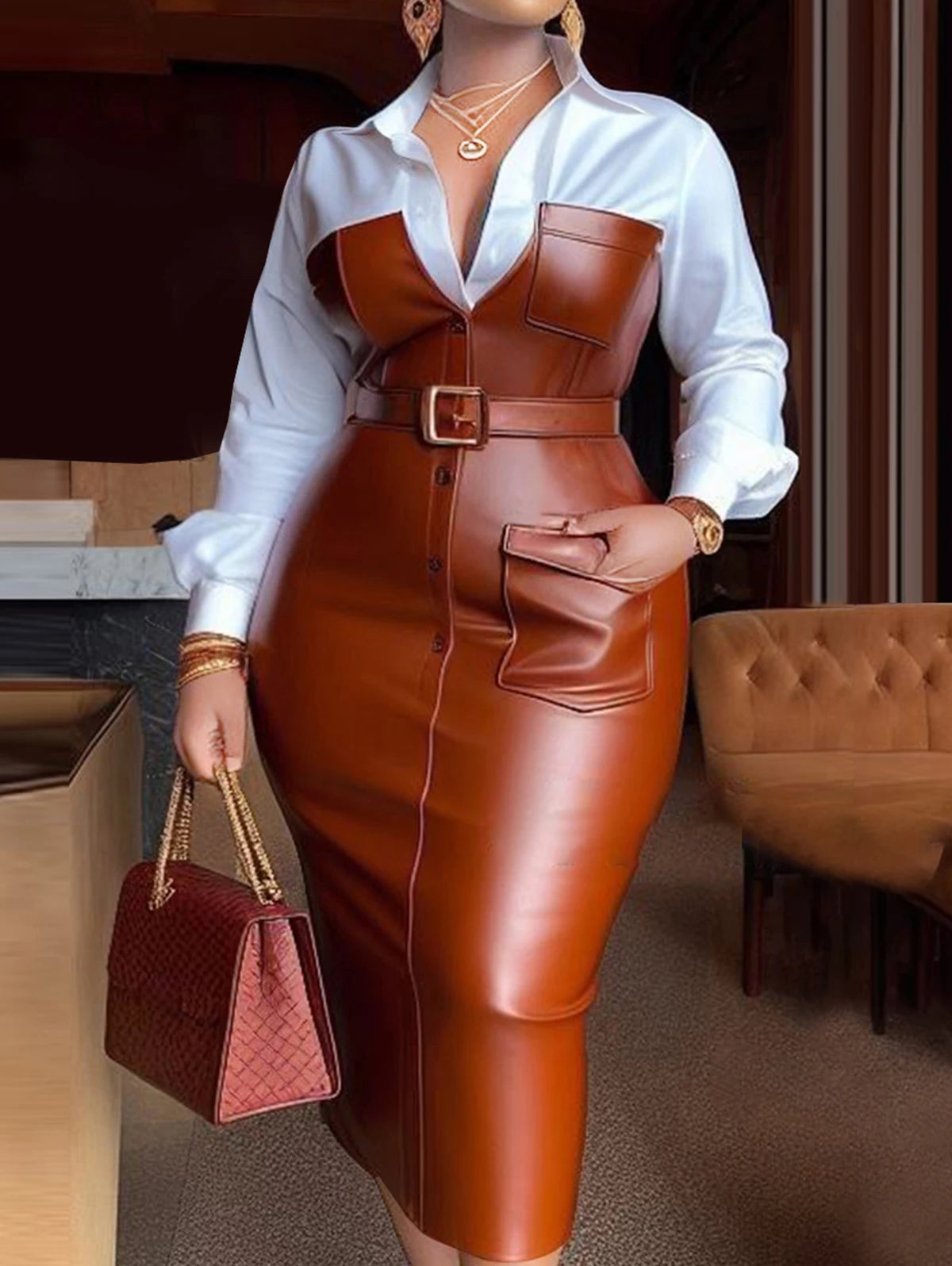 Women's Shirt Collar Dresses New Autumn Buttons Long Sleeve PU Leather Patchwork Pocket Skinny Belted