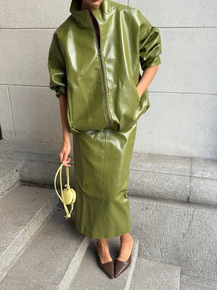 Women's Vintage Green Leather Jacket Skirt Set Full Sleeve Zipper Locomotive Coat Hip Package Long Skirts Autumn Outfits