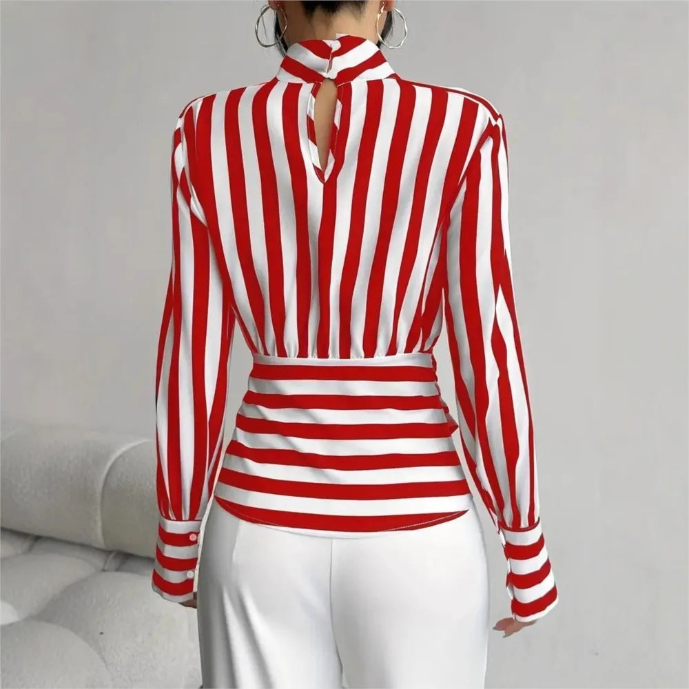 Women's Fashion Trendy  Black White Contrast Striped Shirt Autumn New Retro Scarf Collar Long-sleeved Elegant Female Pullover Shirt