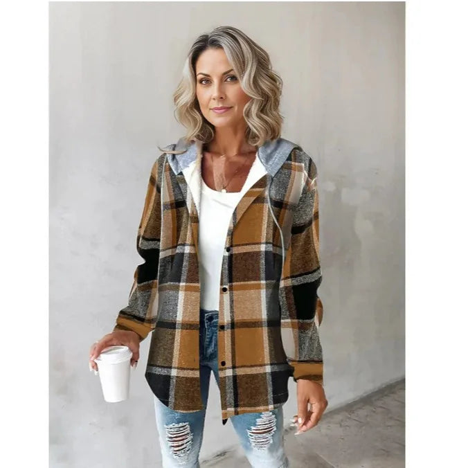 Women's Autumn Large Plaid Style Hooded Jacket With  Casual Loose Black White Plaid Coat Button Fall Top