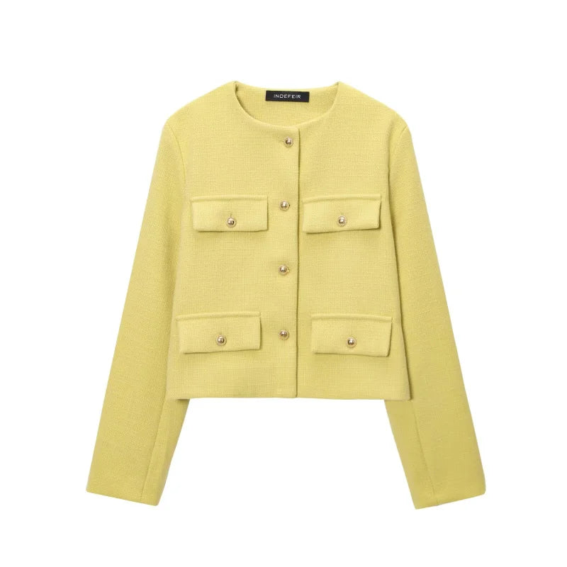 Women's Autumn/Winter Vintage Jackets crew neck gold button flip pocket embellishment short coat