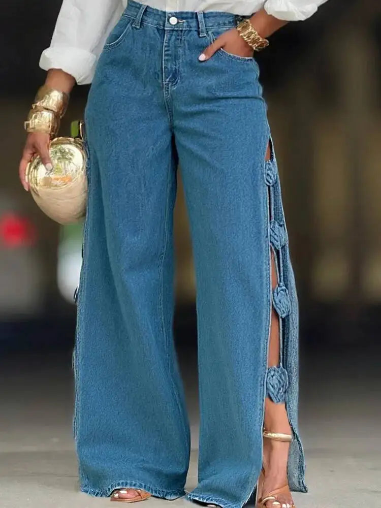 Women's European And American Style Hollowed Out Three-dimensional Flower Straight Leg Jeans For Women Spring 2026 New