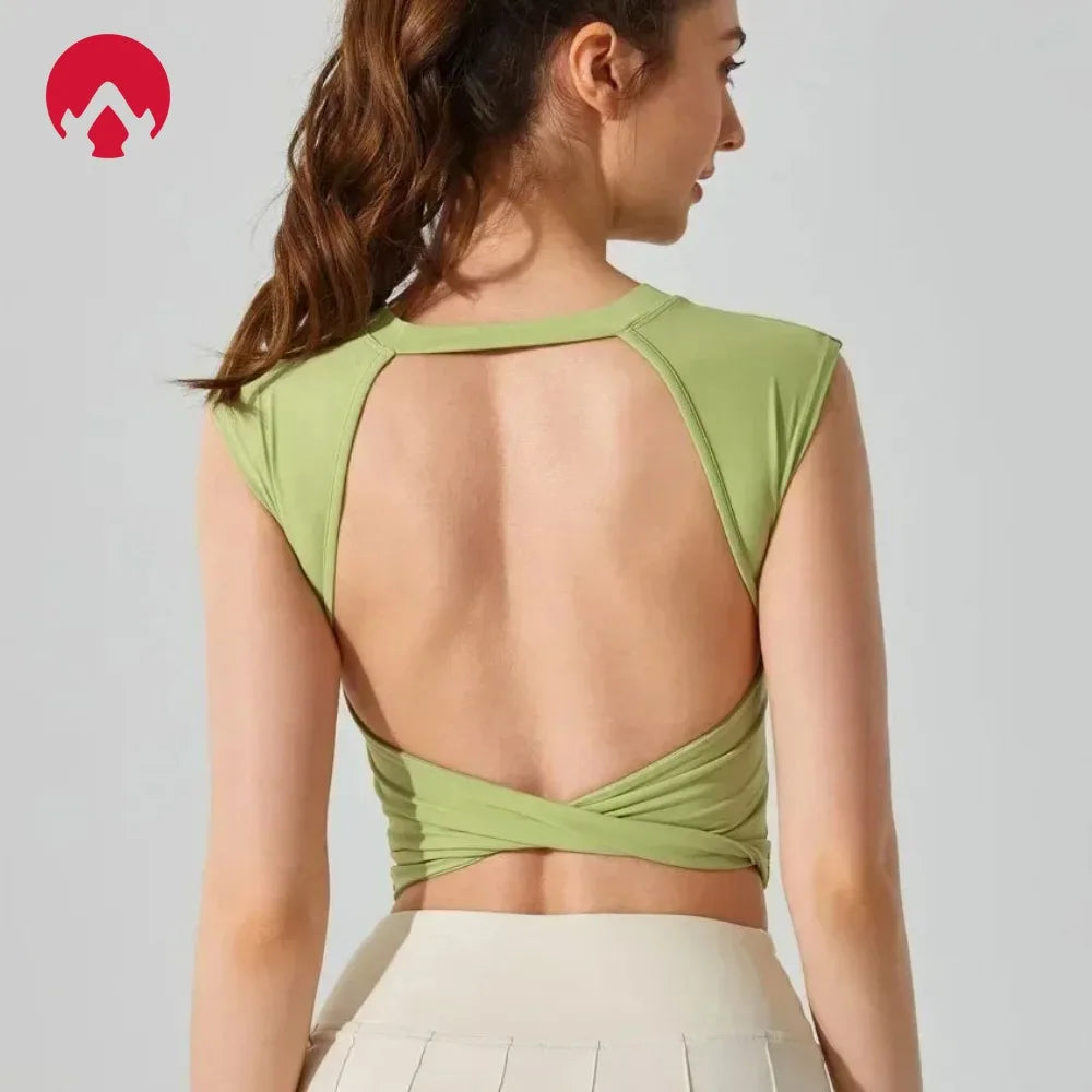 WomenSports Backless Tank Top - Slim Waist Short Sleeve Fitness Vest with Fixed Chest Pad, Yoga T-shirt for Women Workout Activewear
